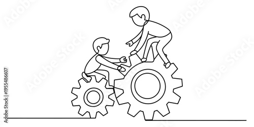 Continuous line art of two colleagues collaborating to fix or assemble large mechanical gears Vector, illustration
