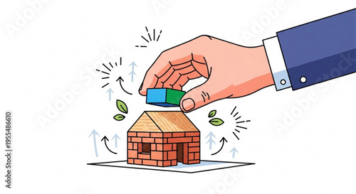 Hand placing colorful blocks on a brick house with growth arrows and leaves symbolizing investment and eco friendly construction