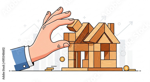 Hand building wooden block house construction and growth concept business and investment strategy