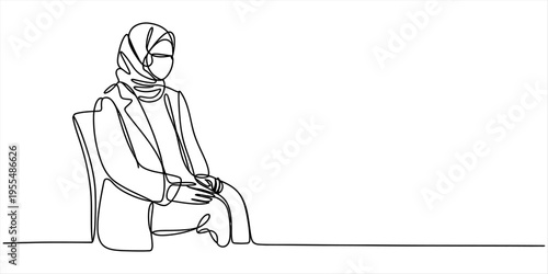 A continuous line drawing of a professional woman wearing a hijab sitting on a simple office chair Vector, illustration