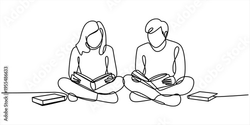 Continuous line drawing of a man holding a book and looking at a large computer monitor screen. Vector, illustration