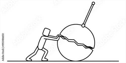 A stick figure uses all its strength to push a massive cracked wrecking ball forward Vector, illustration