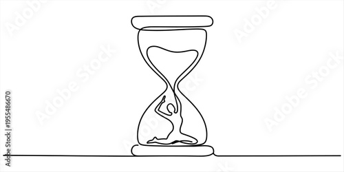 Continuous line drawing of an hourglass with a human figure trapped inside the bottom bulb Vector, illustration