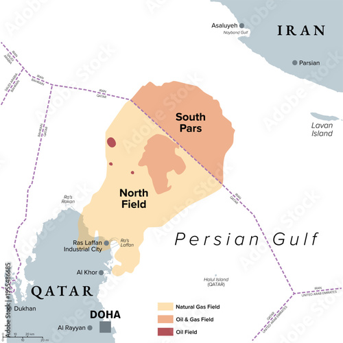 South Pars/North Dome field, political map. Natural-gas condensate field located in the Persian Gulf, with shared ownership between Iran and Qatar. Largest natural gas field in the world. Vector