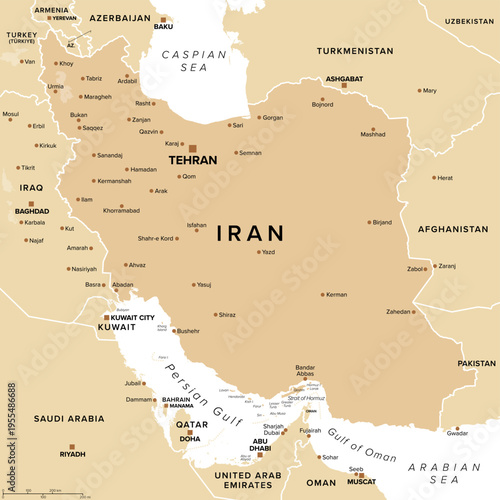 Islamic Republic of Iran, sand colored political map, with international borders, capital Tehran and major cities. Also known as Persia, a country in West Asia, bordering the Persian Gulf. Vector