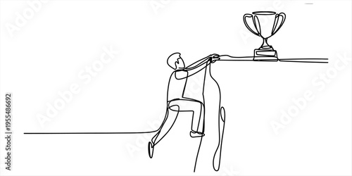 A single continuous line drawing of a determined person reaching for a trophy on a high platform Vector, illustration