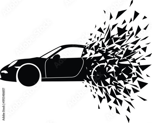 Sports car silhouette exploding into small fragments vector illustration