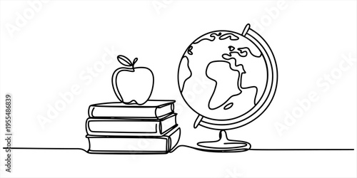 Minimalist continuous line drawing of a stack of books with an apple and a globe for education Vector, illustration