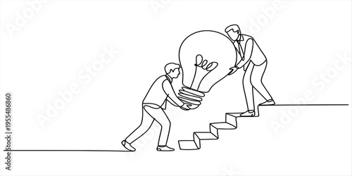 Continuous line drawing of two businessmen carrying a giant lightbulb up a staircase together Vector, illustration