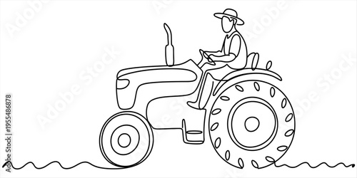 Continuous line drawing of a farmer in a hat driving a tractor on a farm field Vector, illustration