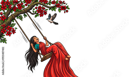 Joyful Sri Lankan Woman in Red Saree Swinging on Traditional Onchilla Under Flowering Tree for Sinhala and Tamil New Year
