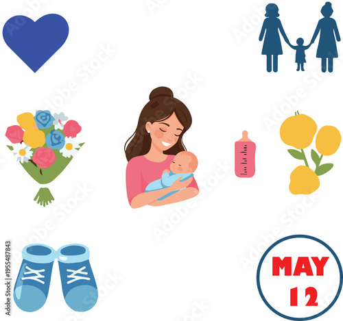 A collection of colorful illustrations celebrating motherhood and family love on mothers day event isolated on transparent background, Vector