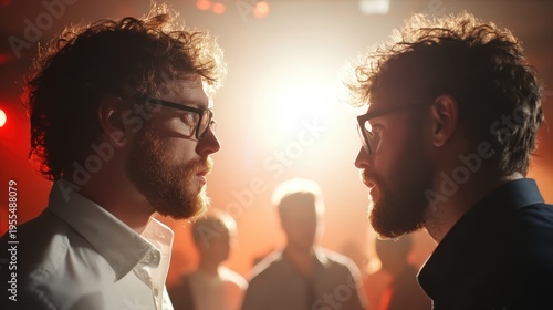 Two individuals with glasses engage in an intense face-off under dynamic lighting, symbolizing rivalry, duality, and the complexity of human interactions in social settings.