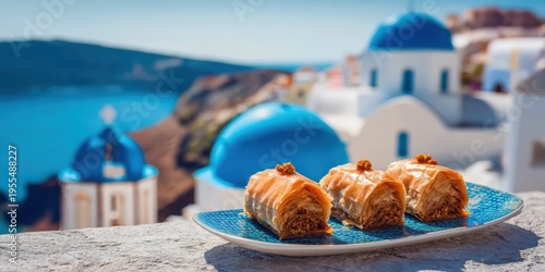 Traditional Greek Baklava on a Plate with Santorini View