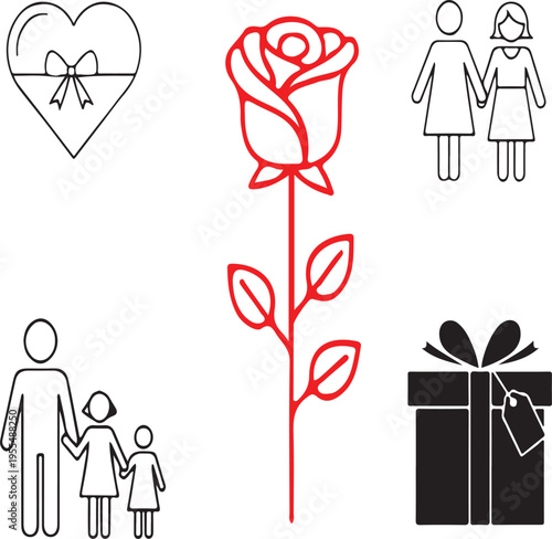 A collection of simple line art icons representing love, relationships, family, and gift giving isolated on transparent background, Vector