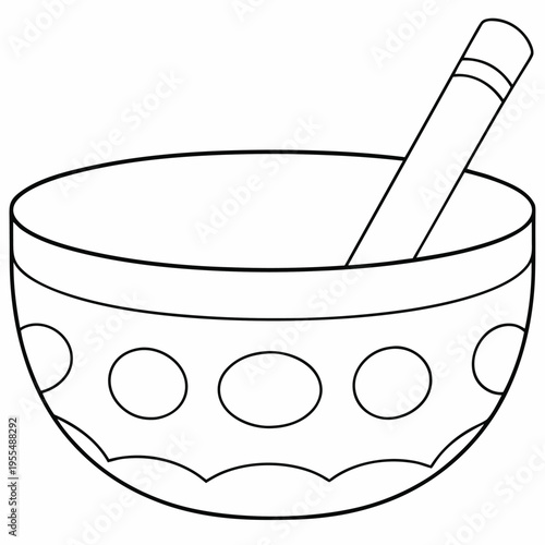singing bowl with mallet resting line art vector illustration on transparent background