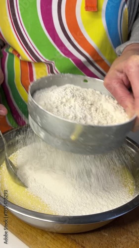 Vertical side view video of adding flour into a metal bowl with mixture for honey cake dough preparation