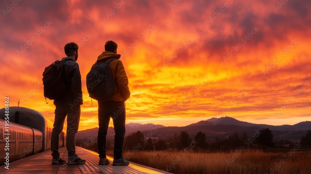 Fototapeta premium Two adventurers gaze at a stunning sunset from a train station, symbolizing friendship and shared journeys, evoking a sense of freedom and exploration in life.