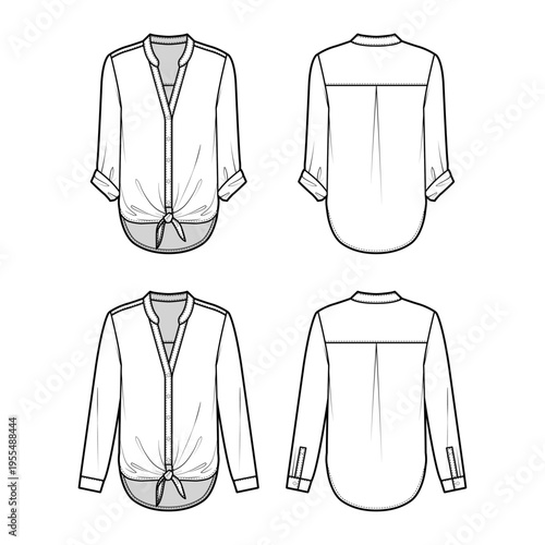 Technical flat sketch of a roll-up sleeve shirt. Collarless V-neck button-up blouse with a front tie. High-low shirttail. Vector mock-up template.