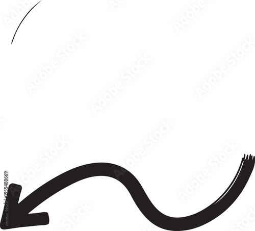 A hand drawn black arrow pointing towards the bottom left corner on a plain white background area isolated on transparent background, Vector