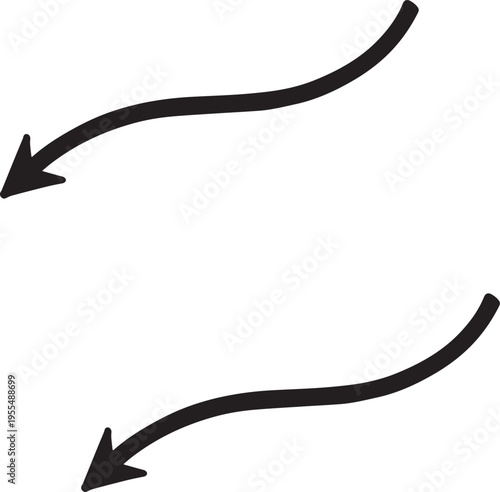 Two hand drawn wavy arrows pointing towards the lower left corner on a clean white background isolated on transparent background, Vector