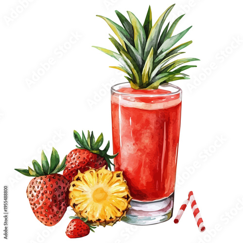 watercolor of Pineapple Strawberry Juice draw graphic, isolated on a white background.