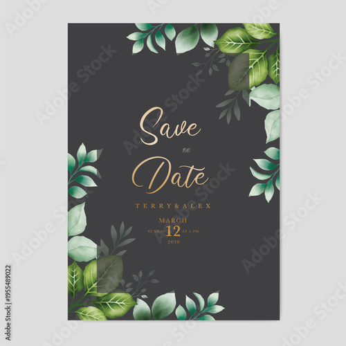 Watercolor green leaf background and template.used wedding birthday and funeral invitations 