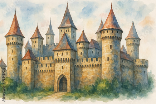 Charming watercolor illustration of medieval castle with tall towers and turrets, fantasy fairy tale architecture on soft white background
