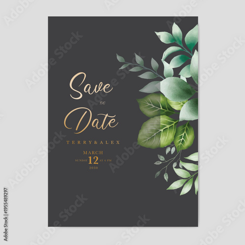 Watercolor green leaf background and template.used wedding birthday and funeral invitations 