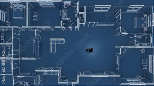 Lonely Human in Oversized Empty House – Top View Floor Plan Blueprint, Minimal Furniture, Strong Negative Space, Vector Illustration