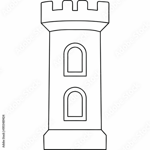 castle tower with battlements line art vector illustration on transparent background