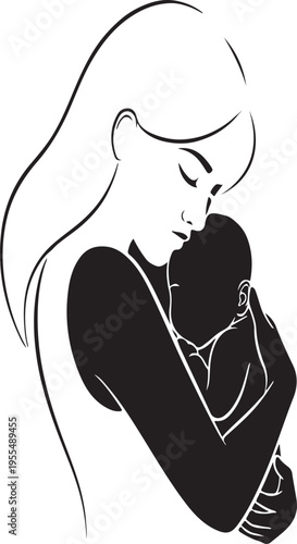 A minimalist black and white line art illustration of a loving mother cradling her newborn baby isolated on transparent background, Vector