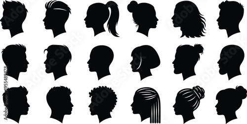 Diverse hairstyle silhouettes men women side profile, trendy hairdos ponytail bun afro buzz cut pixie long wavy vector collection set