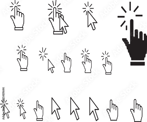 A collection of various computer cursor and hand pointer icons for digital interface navigation design isolated on transparent background, Vector