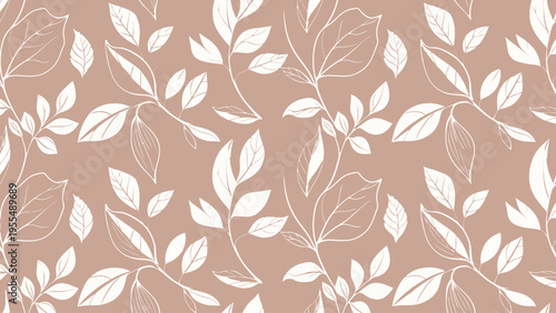 White Leaves Pattern on Beige Background.
