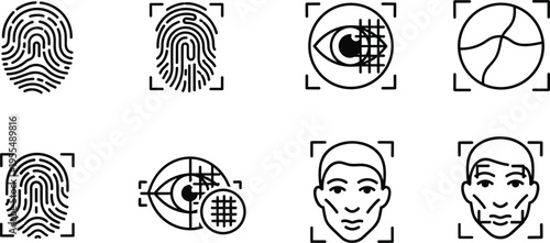 Biometric Identification Icon Set with Fingerprint, Face Recognition, Eye Scan, and Security Symbols for Technology Illustration, Digital Protection Design, and Authentication Concepts