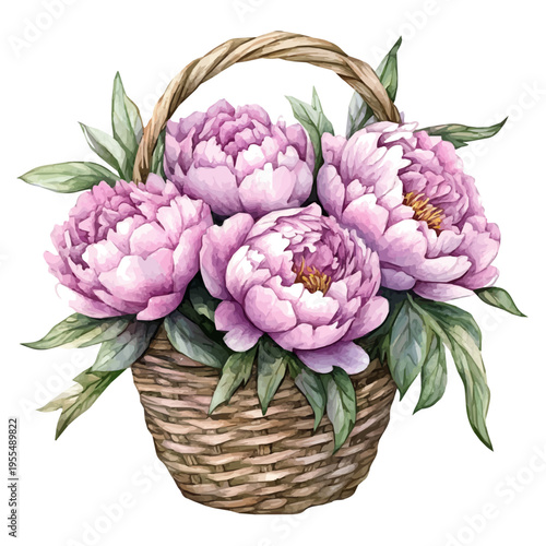 Peony Bouquet In A Basket A, watercolor artwork with intricate patterns and vibrant, isolated on a white background.