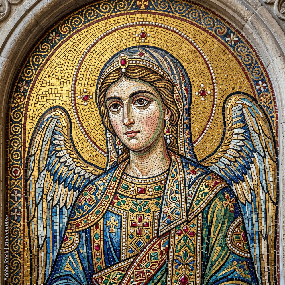 Obraz premium An angelic figure with feathered wings and a golden halo gazes forward, adorned in a richly detailed mosaic robe.