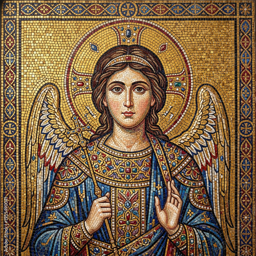 A mosaic depicts an angel with wings, holding a staff and wearing a crown, set against a golden background.