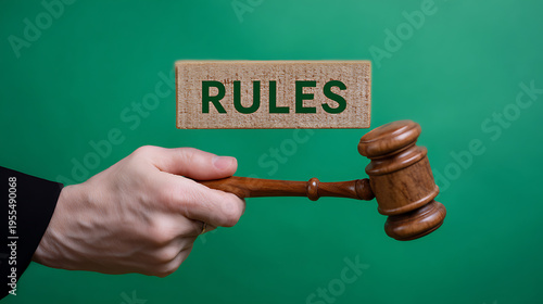 A hand holds a wooden gavel, symbolizing authority and decision-making, placed against a vibrant green background with a 'RULES' sign above