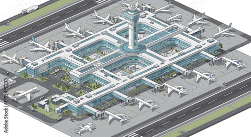 An isometric illustration of a modern airport terminal with multiple concourses, jet bridges, and parked airplanes, featuring a central control tower.