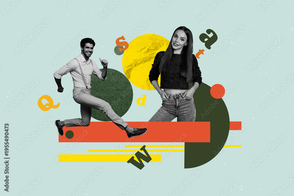 Obraz premium Art full zine photo collage of happy girl guy student library academic book stack education learner letters vocabulary encyclopedia