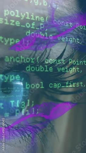 Vertical video: Opening iris and lashes on set as magenta cubes sweeping, green code moving, fusing