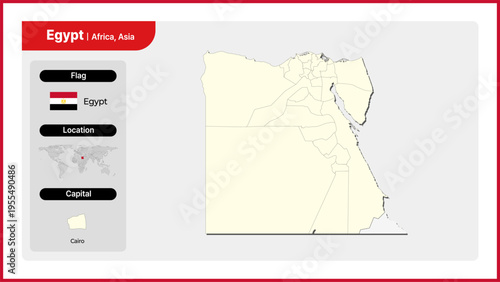 Vector illustration map of Egypt. Includes national flag, location, and capital information.