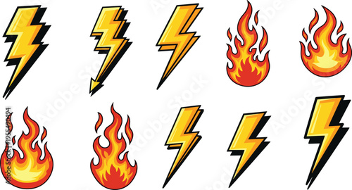 Cartoon Lightning Bolt and Fire Flame Icon Set with Bright Energy Symbols Electric Power Effects and Dynamic Heat Elements for Creative Design Illustration