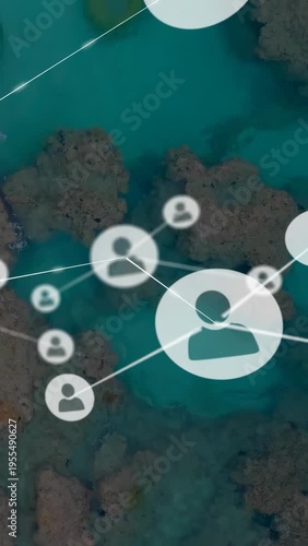 Vertical video: Dots popping avatars growing linking lines over turquoise reef showing tech network