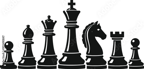 Chess pieces black silhouette set, king queen bishop knight rook pawn full row standing figures, classic board game vector illustration collection