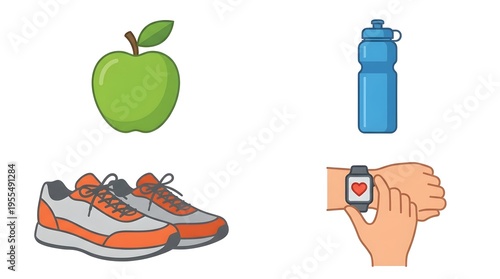 A collection of health and fitness items including a green apple, blue water bottle, orange running shoes, and a smartwatch on a wrist displaying heart rate.