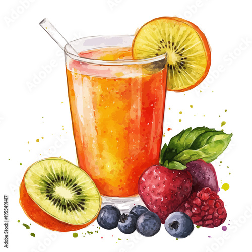 Mixed Fruit Juice, watercolor painting with colorful accents, isolated on a white background.