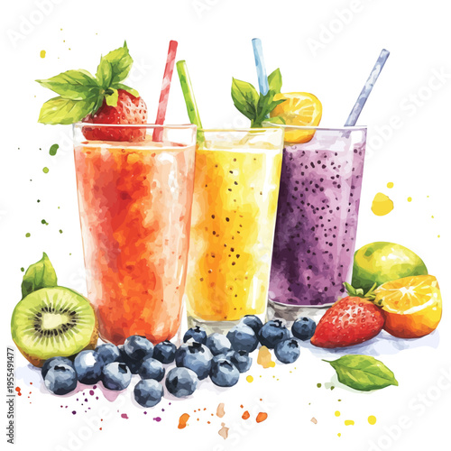 Mixed Fruit Juice, watercolor illustration featuring soft shadows and luminous, isolated on a white background.